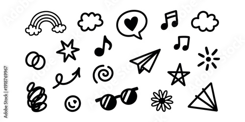 Black and white doodle including rainbow clouds music notes stars and sunglasses in white background.