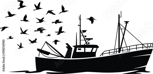 Fishing boat silhouette illustration, commercial trawler with flying seabirds isolated on white background for marine industry design