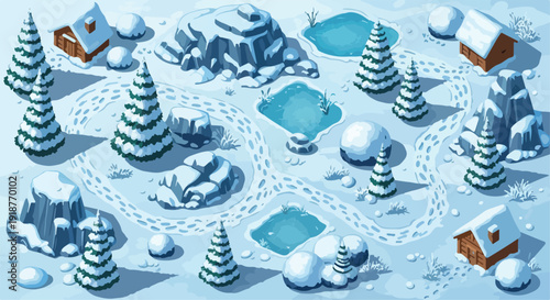 Isometric Winter Landscape Map with Snow-Covered Trees, Cabins, and Frozen Ponds