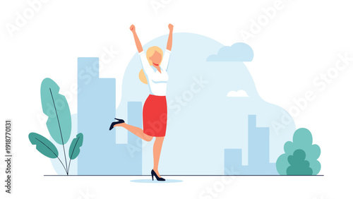 Joyful young woman with blonde hair jumping for joy in a red skirt and white shirt against a city skyline background.