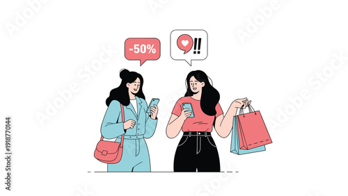 Two stylish young women holding shopping bags and looking at their smartphones while discussing discounts and online deals.