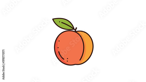 Ripe orange peach illustration with a green leaf and simple outlines on a clean white background for food and fruit design.