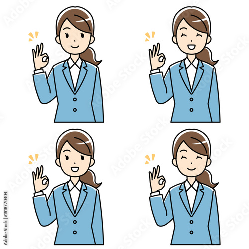 笑顔でOKサインをするスーツの若い女性のイラスト