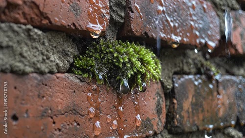 Vibrant green moss flourishing on a rustic red brick wall, adorned with sparkling water droplets after a refreshing rain, capturing the serene beauty of nature's delicate growth