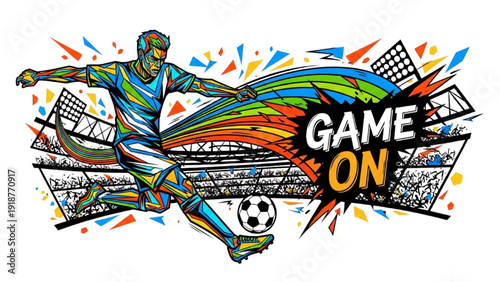 Minimal Black Outline Colorful Soccer Kick Illustration with Dynamic Speed Swirl, Game On Sports Action Design