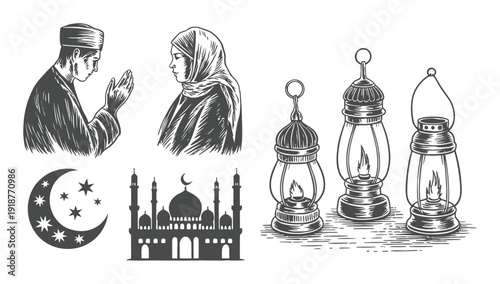 Islamic Symbols: Prayer, Mosque, Moon, Stars, and Lanterns in Vintage Style