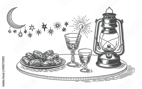 Foto Ramadan Iftar Scene: Dates, Drinks, and Lantern with Crescent Moon and Stars