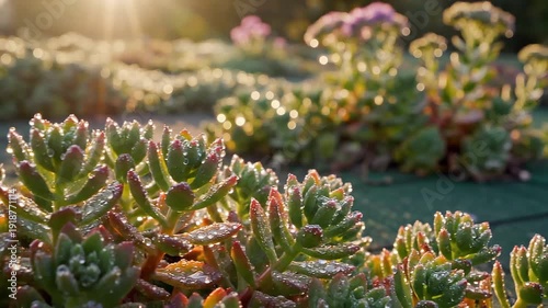 Close-up of vibrant succulent plants adorned with glistening morning dew, bathed in the soft, golden light of a sunrise, showcasing nature's refreshing beauty