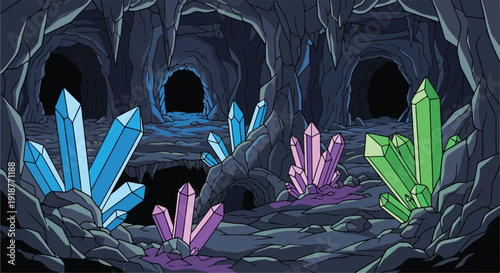 Dark Cave with Colorful Blue Pink Green Crystals and Stalactites Vector Illustration