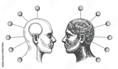 Two Heads Facing Each Other with Spheres Connected to Their Brains