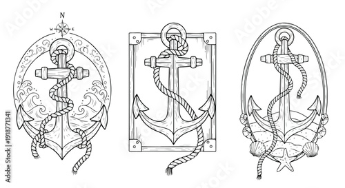 Set of 3 Nautical Anchor Line Art Illustrations with Sea Waves and Shells