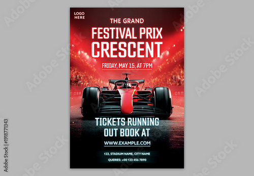 Editable Grand Festival Crescent Racing Event Flyer Template with Formula Style Race Car and Night Stadium Sports Design for Ticket Booking Promotion.