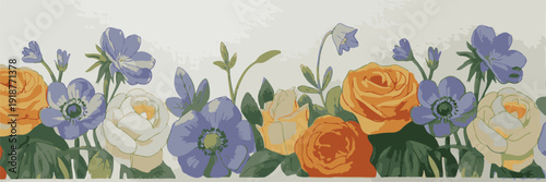 Border of blooming flowers, featuring roses, anemones, and bluebells in yellow, white, and purple hues, on a cream background.