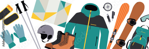 Winter sports equipment for skiing and snowboarding, including jackets, pants, skis, snowboard, helmet, boots, goggles, gloves and backpack, flat lay