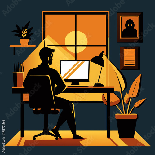 Night Home Office Workspace Illustration with Laptop and Warm Lighting