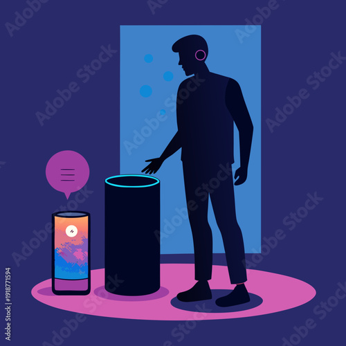 Voice Assistant Interaction and Smart Home Technology Illustration