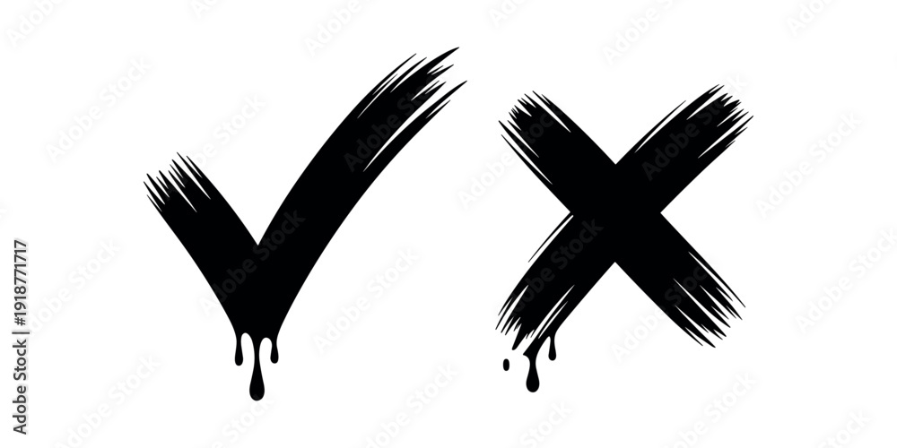 Obraz premium Black checkmark and cross symbols with brush strokes and drips tick