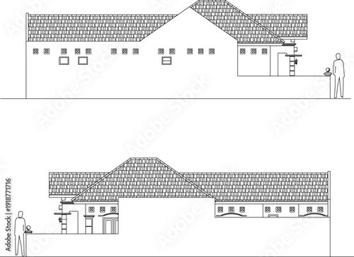 Vector sketch illustration of architectural design silhouette view facade section of house construction with scale size 