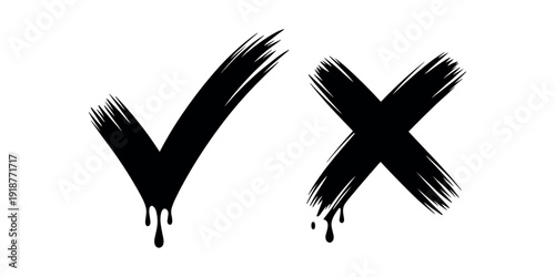 Black checkmark and cross symbols with brush strokes and drips tick