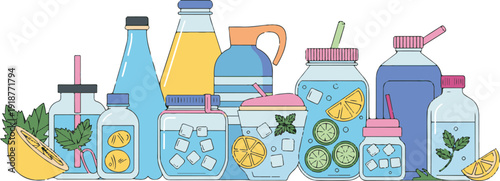 Variety of healthy infused drinks in bottles and jars with citrus and herbs on transparent background