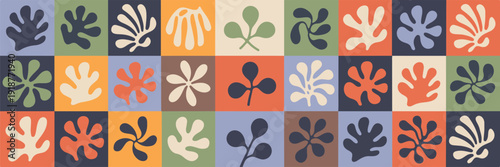 Abstract organic shapes and leaves in a colorful mosaic grid pattern, Matisse inspired art