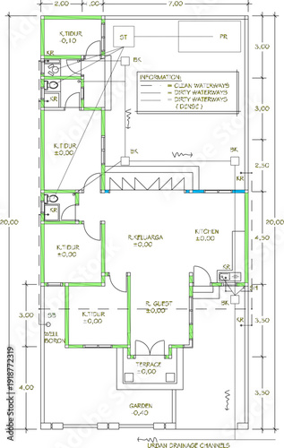 Vector sketch illustration silhouette of architectural design of house waste water sanitation plan with scale size 