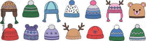 Collection of hand-drawn winter hats with pom poms and ear flaps, cute knitted hats for cold weather, fun accessories for kids and adults.