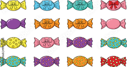 Large set of colorful flat vector icons featuring various wrapped candies with bows and polka dot patterns for sweet shop branding birthday party and confectionery marketing designs.