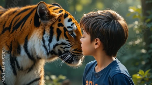 A young boy meets a majestic tiger in a serene natural setting.