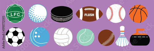 Collection of sports balls and equipment like soccer, golf, hockey, football, baseball, basketball