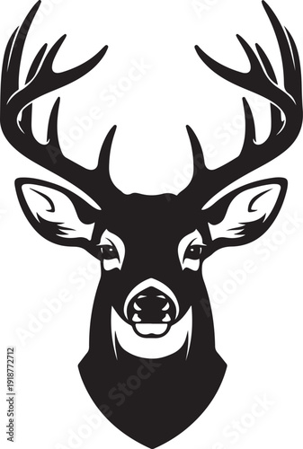 Black and white vector illustration of a majestic deer head with large antlers, stylized buck trophy mascot logo isolated on - stock vector.