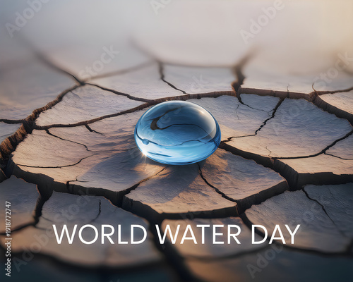 A single water droplet on a cracked, dry surface symbolizing world water day