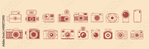 Set of vintage cameras and modern smartphone, retro cameras, film cameras, digital cameras, line art, cream and red