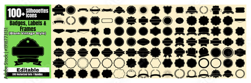 Set Bundle of Collection over 100 blank silhouette badges labels and frames in vintage style offering diverse shapes and editable design elements for graphic creation , Maan Studio