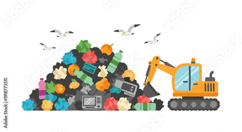 Landfill with Garbage, Vector Illustration, Ecology and Environment Concept