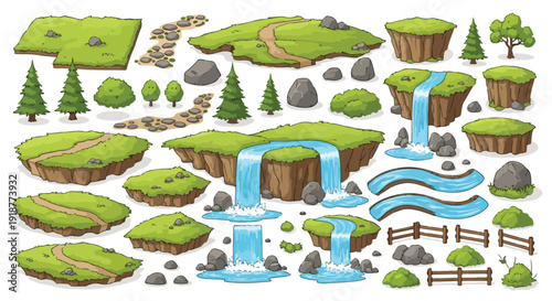 Cartoon Game Environment Landscape Elements Set Vector