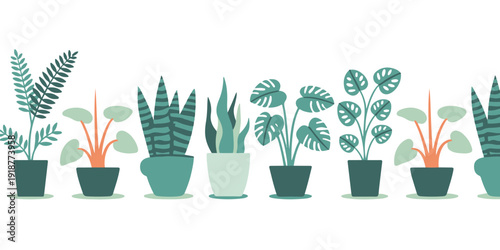 Collection of potted houseplants in various shades of green and teal, modern minimalist illustration for home decor