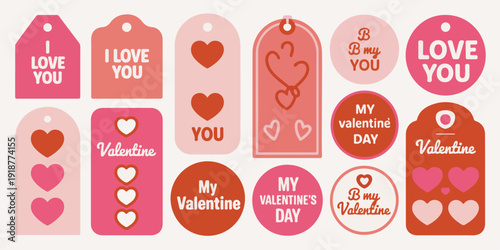 Collection of Valentine's Day gift tags and labels in shades of pink and red with heart shapes and romantic messages
