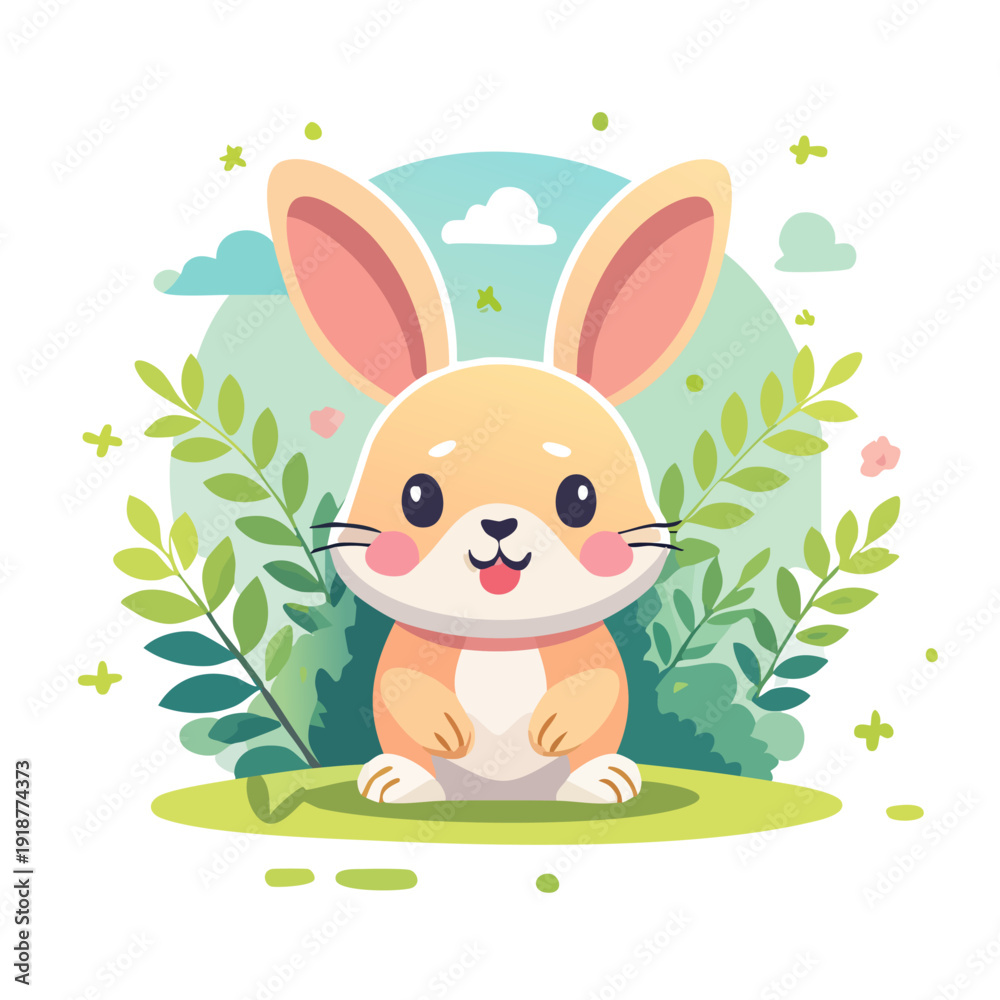 Fototapeta premium A cartoon rabbit sitting on a grassy hill surrounded by leaves and flowers in a serene environment