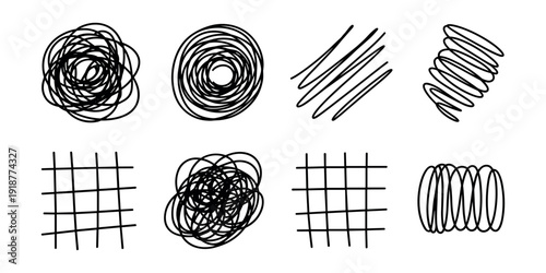 Black scribbles and grids on white background black lines hand drawn