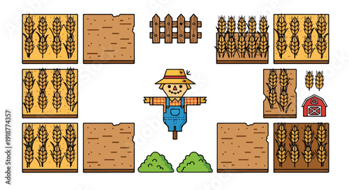 Pixel Art Farm Game Assets with Scarecrow and Corn Fields