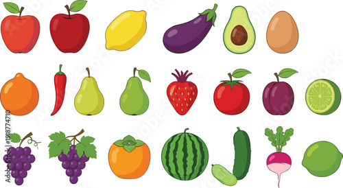 "Vibrant flat vector fruit and vegetable icons for healthy lifestyle blogs and apps"