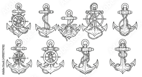 Set of 10 Nautical Anchor and Ship Wheel Illustrations Vector