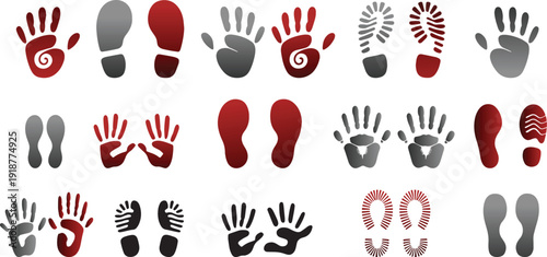 Collection of handprints and footprints in various shades of red gray and black