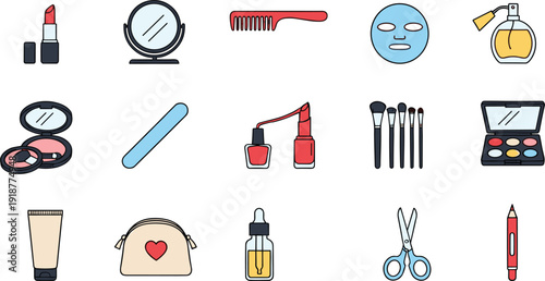Large set of colorful flat vector icons featuring lipstick, mirror, comb, face mask, perfume, nail polish, and makeup brushes for beauty salon branding and cosmetics marketing designs.