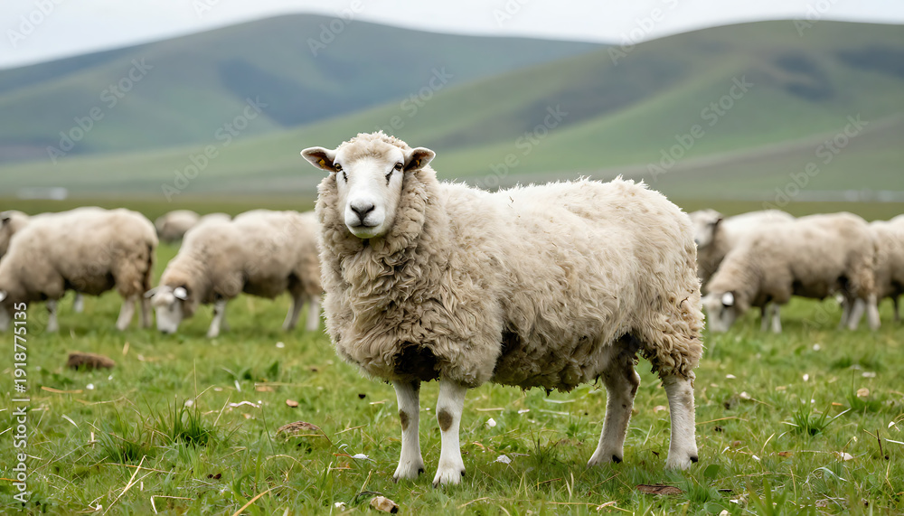 Fototapeta premium Sheep Grazing in Green Pasture with Mountain View 