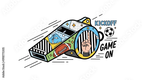 Minimal Black Outline Colorful Whistle Illustration with Dynamic Motion, Referee Start Signal Game On Theme