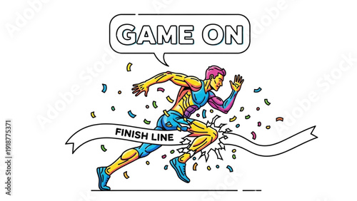 Minimal Black Outline Colorful Art of Sprinter Crossing Finish Line, Game On Sports Motivation Design