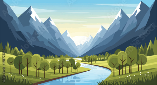 Cartoon Style Mountain Valley Landscape with River and Green Trees