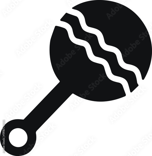 Baby rattle icon silhouette with circular handle and decorative round top, symbolizing infant toy, play, childhood, care, entertainment, sensory development